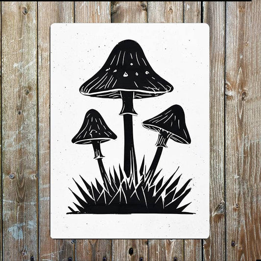 Three Dynamic Mushrooms Linocut Style Metal Sign Plaque