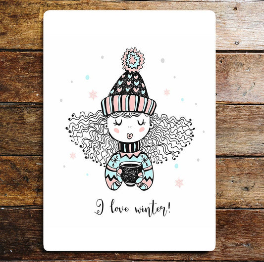 I Love Winter Woolly Hat Hot Drink | Metal Sign Plaque