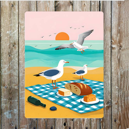 Beach Picnic Blanket Seagulls Seaside | Metal Sign Plaque
