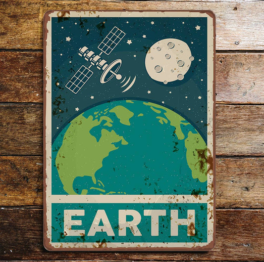 retro Earth Space Metal Wall Sign Plaque