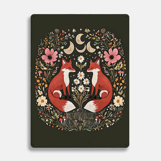 Fox Moon Flowers scandinavian folk | Metal Sign Plaque