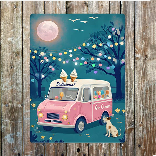 Pink Ice Cream Van At Night | Metal Sign Plaque