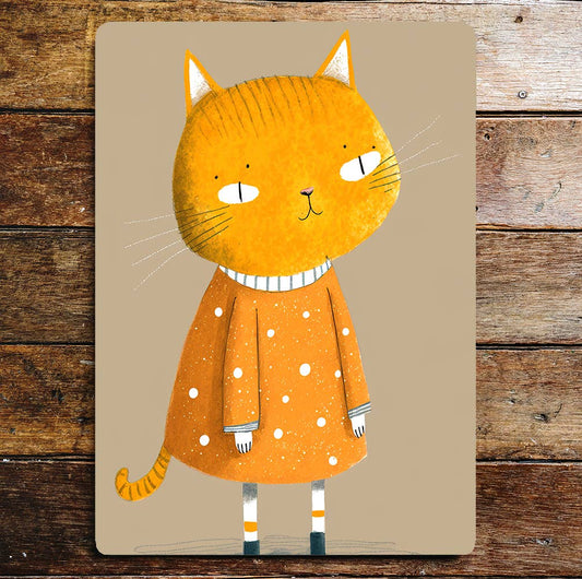 Cute Orange Cat Spotty Dress | Metal Sign Plaque