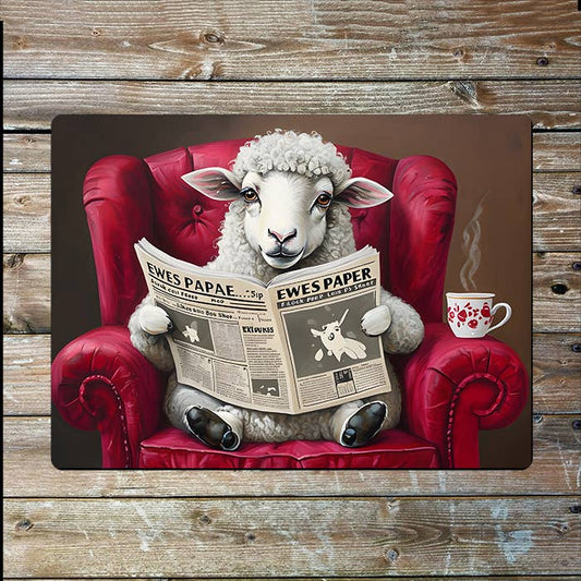 Whimsical Sheep Reading Newspaper Armchair Metal Sign Plaque