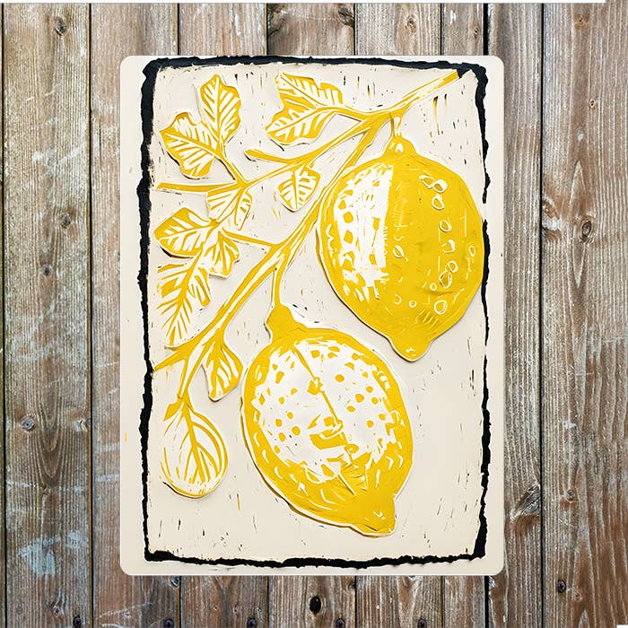 Linocut Style Lemon Yellow Plant | Metal Sign Plaque