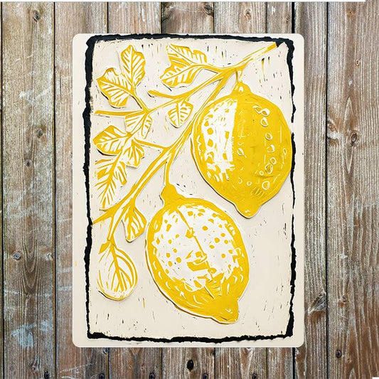 Linocut Style Lemon Yellow Plant | Metal Sign Plaque