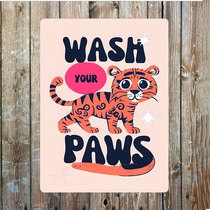 Wash Your Paws Orange Tiger Illustratio | Metal Sign Plaque