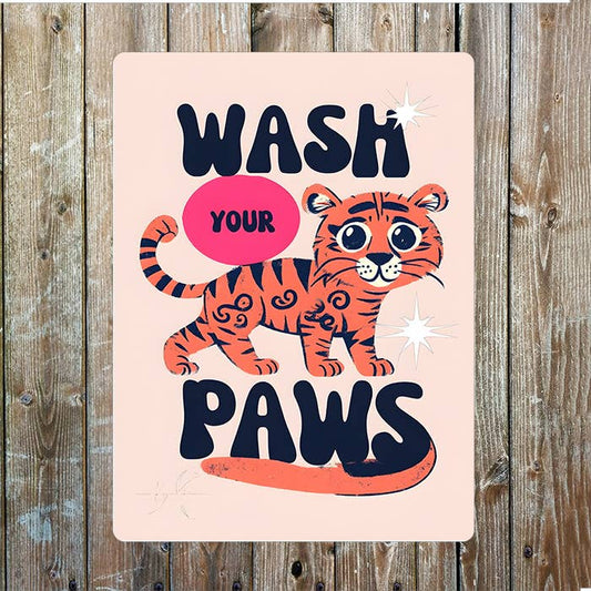 Wash Your Paws Orange Tiger Illustratio | Metal Sign Plaque