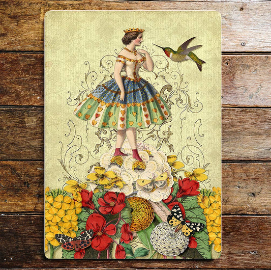 Queen Of Hearts Flowers Humming Bird Metal Sign Plaque