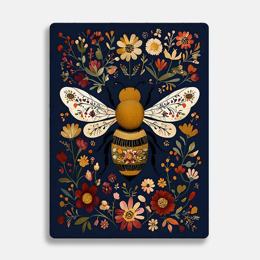 Floral Flowers Bee scandinavian folk | Metal Sign Plaque