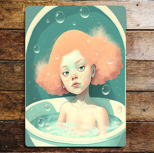 Vintage Girl Taking A Bath Ginger Hair | Metal Sign Plaque