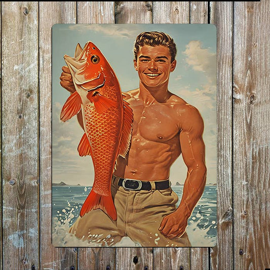 Fisherman Man Big Fish Vintage Retro | Metal Sign Plaque