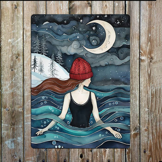 Night Moon Swimmer Sea Nautical | Metal Sign Plaque
