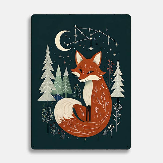 Fox Nighgt Trees Moon scandinavian folk | Metal Sign Plaque