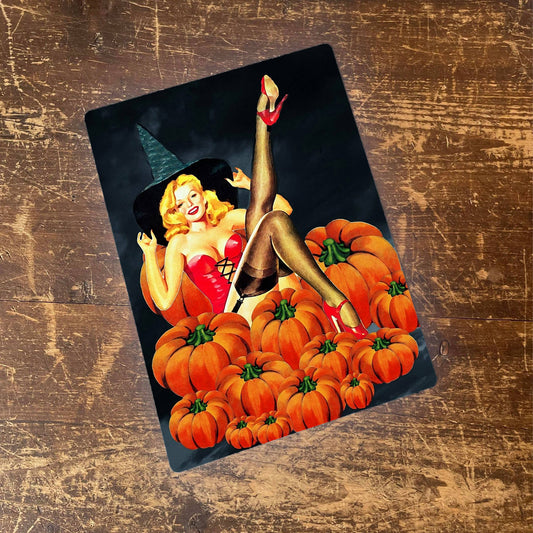 Pinup Girl Witch Pumpkin Patch Metal Humour Wall Sign
