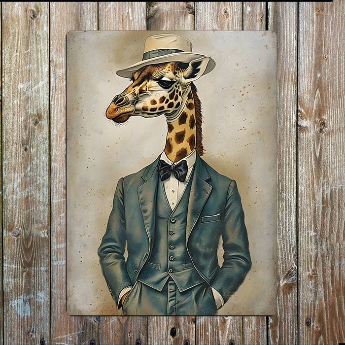 Vintage Giraffe Wearing Three Piece Suit | Metal Sign Plaque