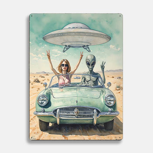 Watercolor women Convertible Alien UFO | Metal Sign Plaque