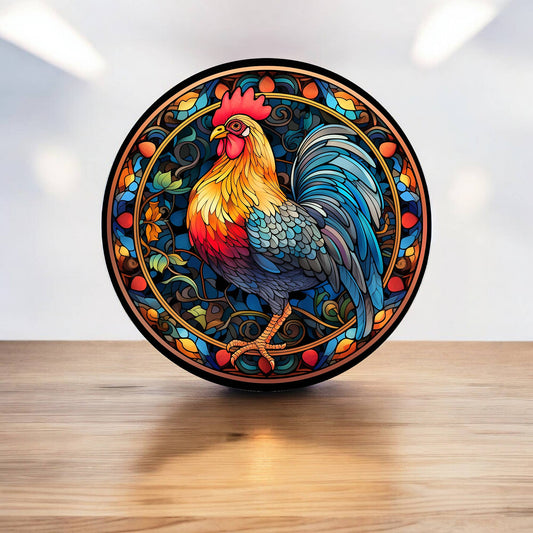 Rooster Farmyard Animal Stained Glass Circle Metal Sign