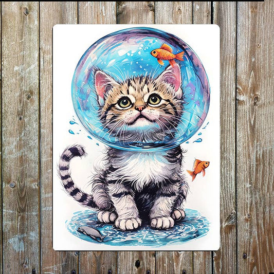 Kitten Fish Bowl On Head Nautical | Metal Sign Plaque