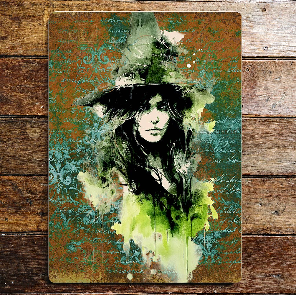 Sad Green Witch Halloween Metal Sign Plaque