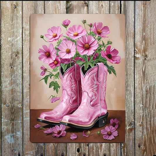 Pink Cowboy Boots Flower | Western | Metal Sign Plaque