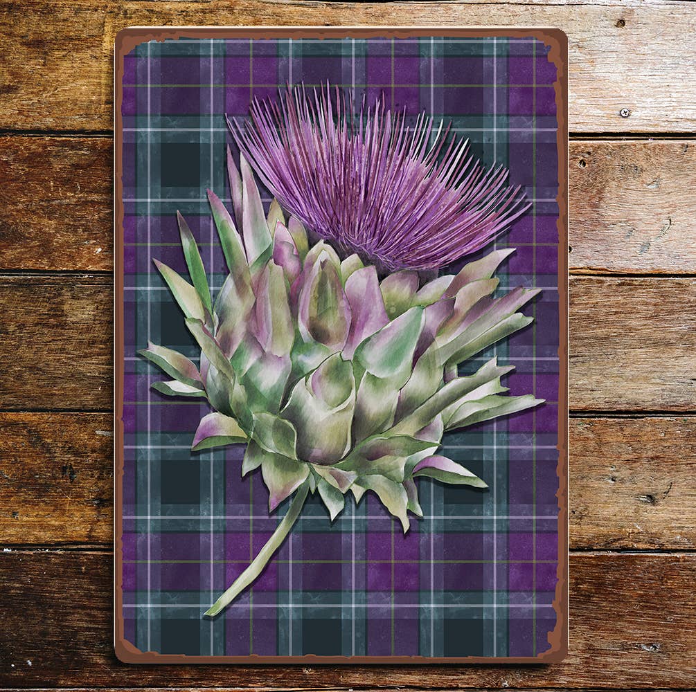 Scotland Thistle Purple Tartan Art Metal Sign Plaque
