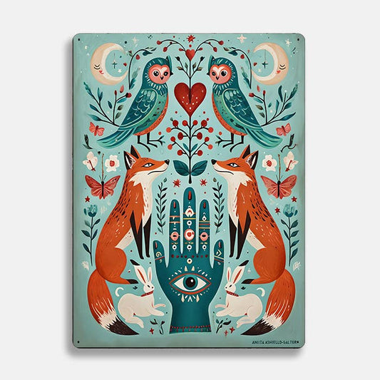 Fox Owl Moon Hand eye scandinavian folk | Metal Sign Plaque