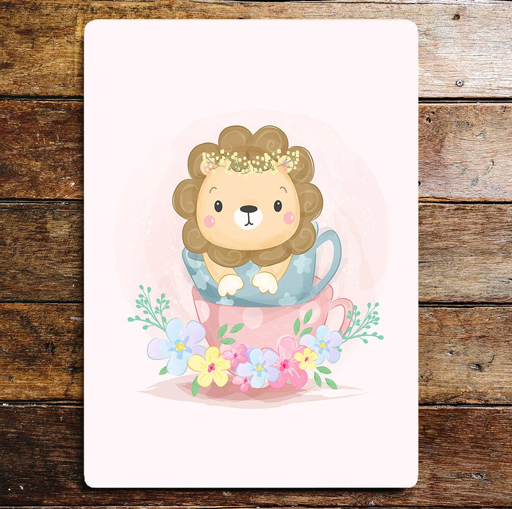 Baby lion in tea cup bedroom art | Metal Sign Plaque