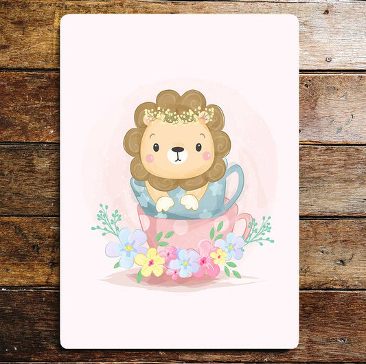 Baby lion in tea cup bedroom art | Metal Sign Plaque