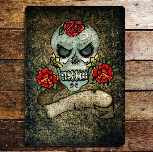 Skull Roses Name Plate Metal Wall Sign