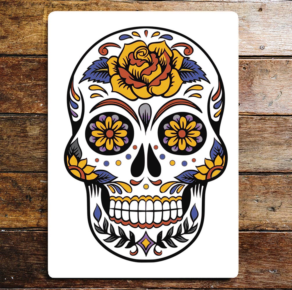 Skull Flowers Gold Metal Wall Sign