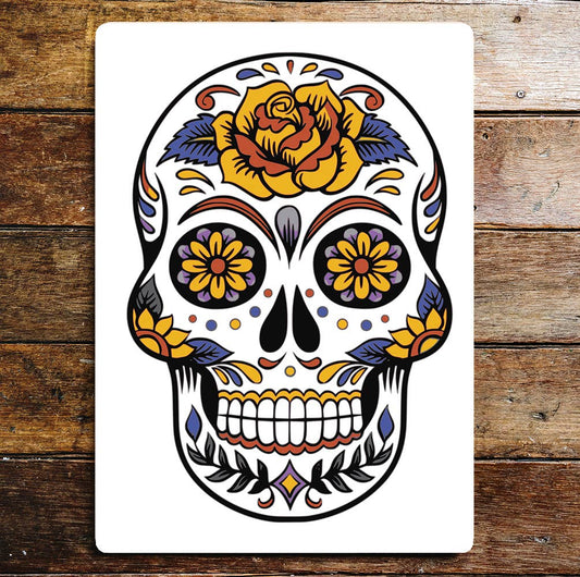 Skull Flowers Gold Metal Wall Sign