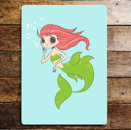 Cartoon Little Green Mermaid Red Hair | Metal Sign Plaque