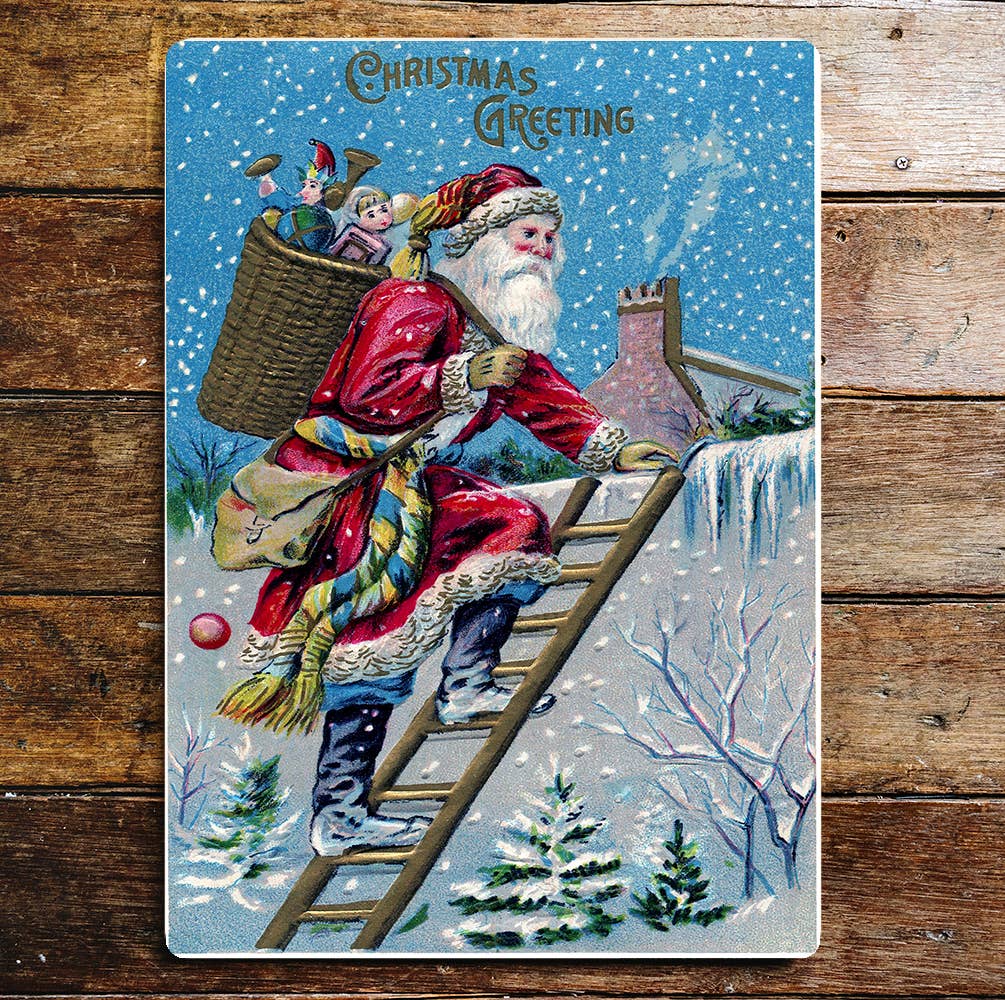 Santa Father on roof Christmas Metal Wall Sign