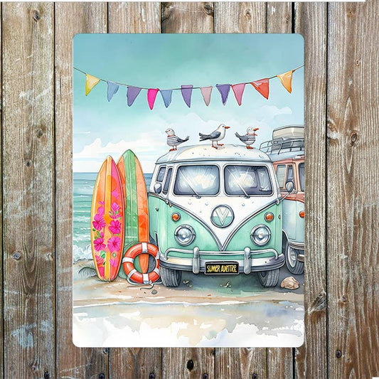 Watercolor Campervan and Beach | Metal Sign Plaque