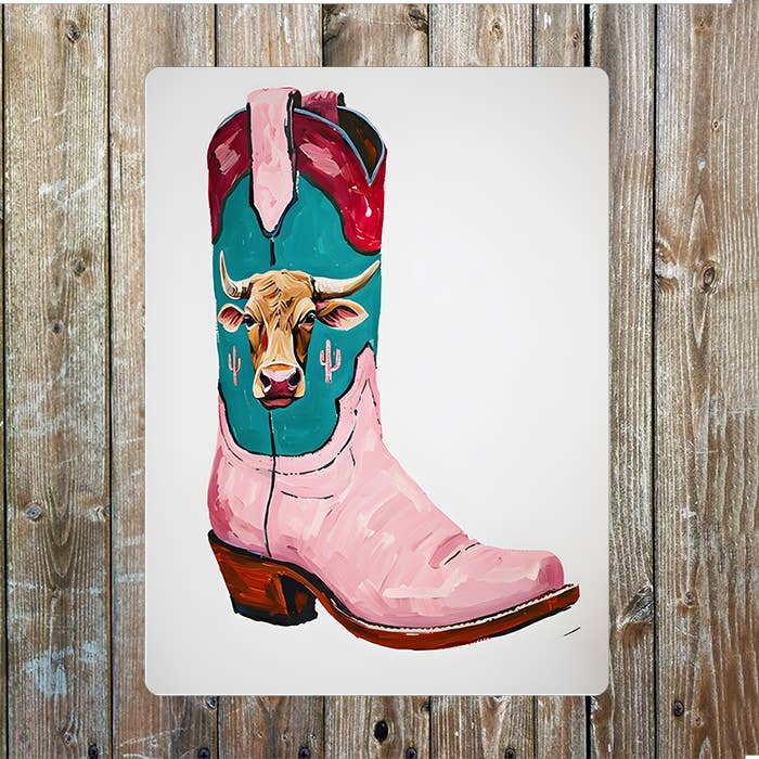 Cowboy Boot Pink Bull Western Art | Metal Sign Plaque