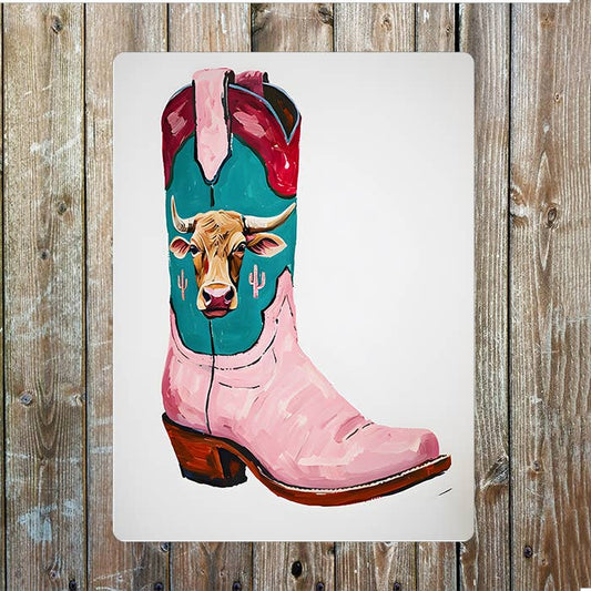 Cowboy Boot Pink Bull Western Art | Metal Sign Plaque