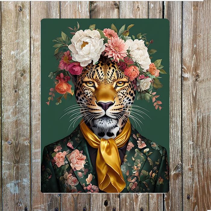 Regal Leopard With Floral Head Metal Sign Plaque