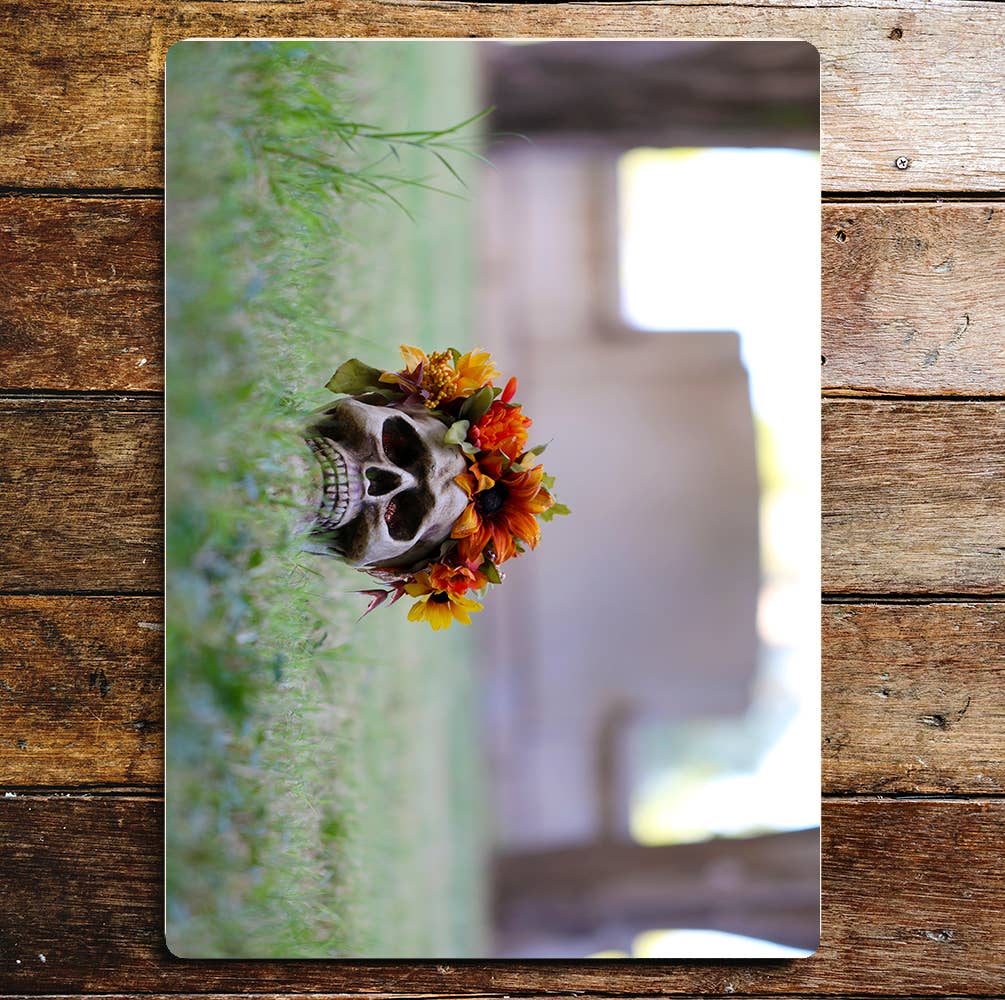 Skull Flowers Grass Field Metal Wall Sign