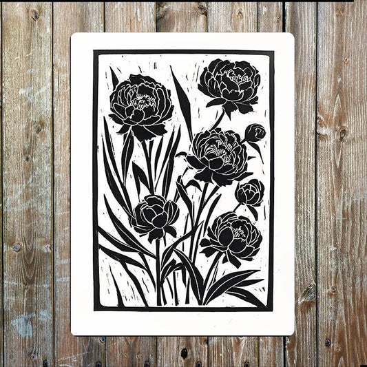 Peonies Flowers Linocut Style Metal Sign Plaque
