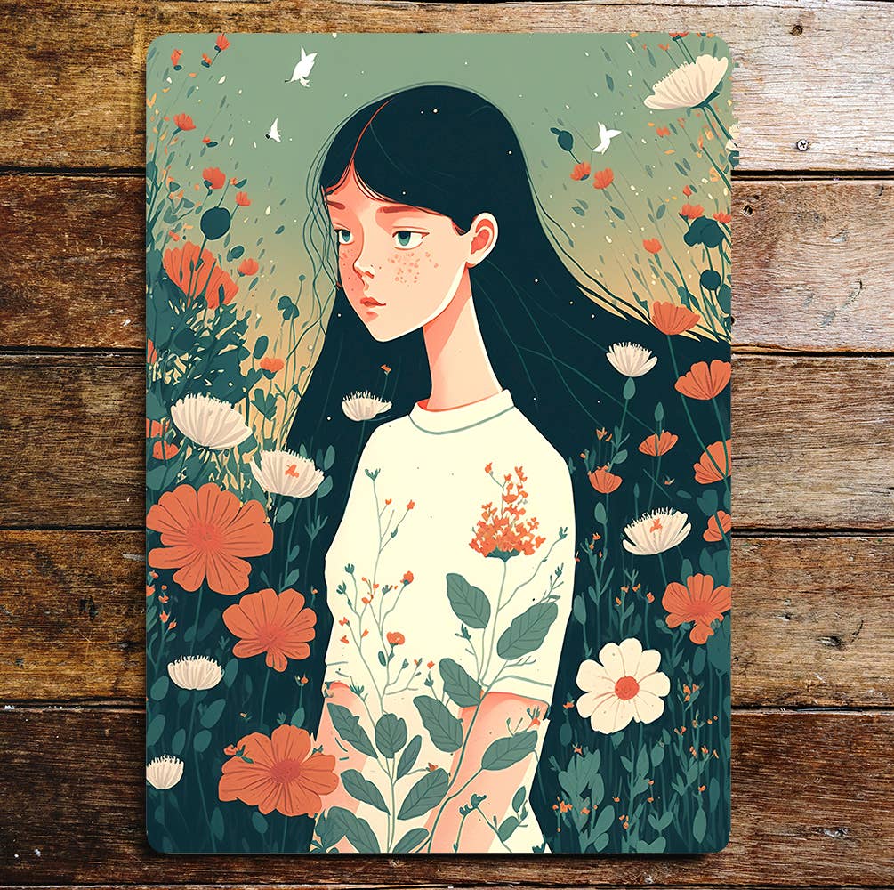 Girl Flower Field Freckles Long Hair Daisy | Metal Sign Plaque