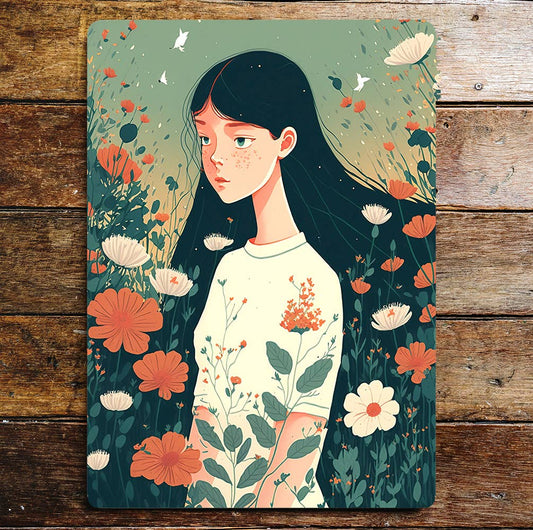 Girl Flower Field Freckles Long Hair Daisy | Metal Sign Plaque