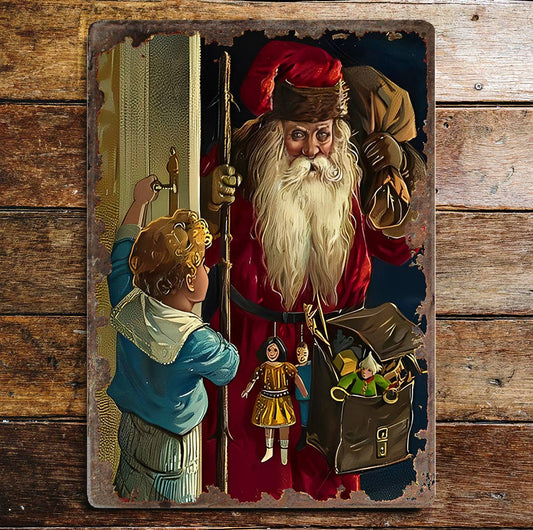 Vintage Santa At The Door Christmas | Metal Vintage Wall Sign