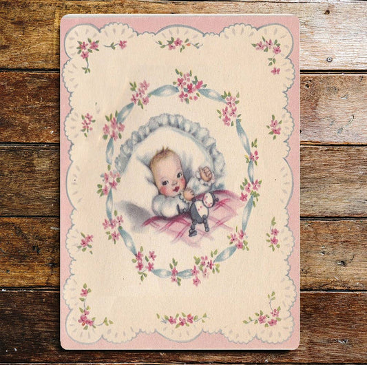 Baby Doll Flowers Pink Blue Ribbon | Metal Sign Plaque