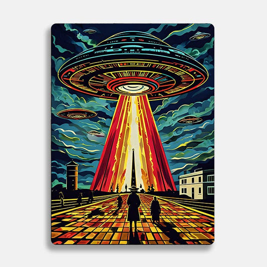 Retro UFO Beams Silhouetted Figures Alien Metal Sign Plaque