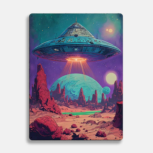 Alien Landscape UFO And Vibrant Colors | Metal Sign Plaque