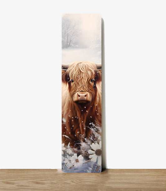Snowy Highland Cow Autumn Fall Metal Sign Plaque Bookmark