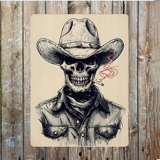 Skeletal Cowboy Illustration Western Metal Sign Plaque