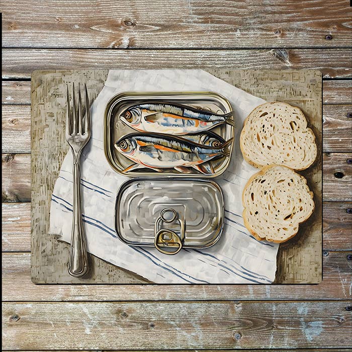 Painting of Sardines, Bread, and Fork Metal Sign Plaque