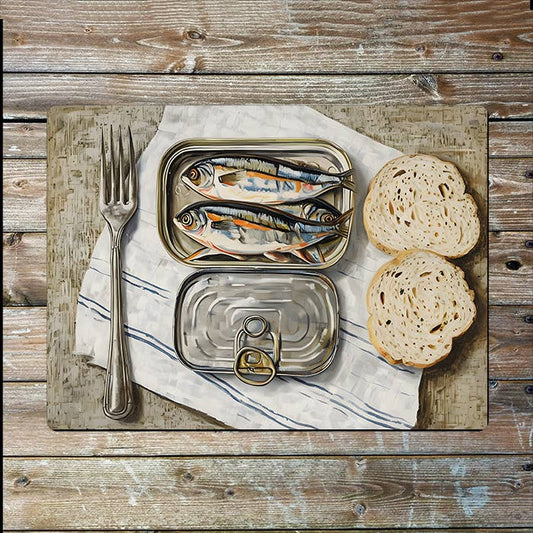 Painting of Sardines, Bread, and Fork Metal Sign Plaque